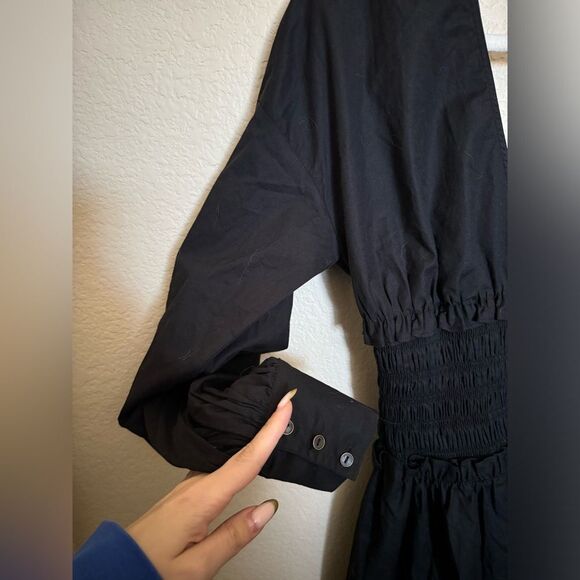 Ramy Brooke Blythe Smocked Long Sleeve V-Neck Mini Dress sz small black cotton - Picture 3 of 8